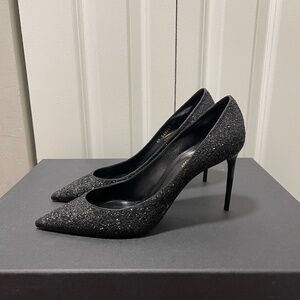 $795+NEW Saint Laurent Black Glitter Stiletto Pumps SZ IT 40/US 39.5
